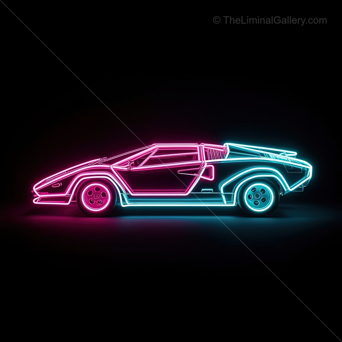 Illuminated neon sign showcasing a vintage sports car in vibrant colors in a darkened urban space