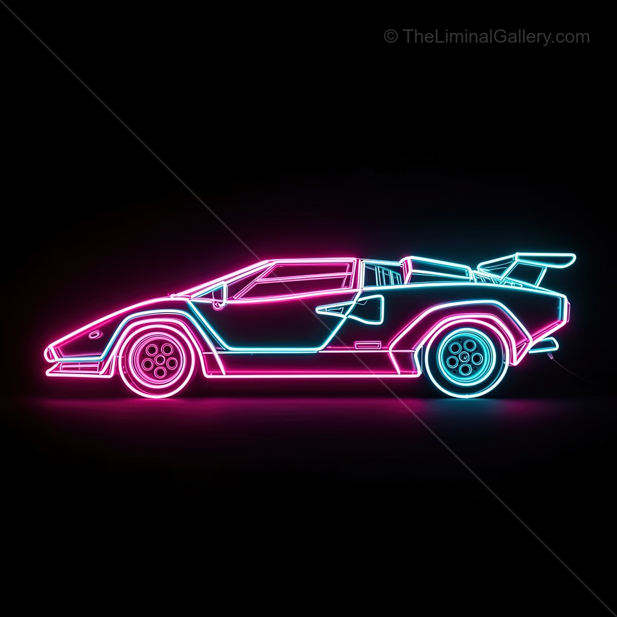 Neon glow brings life to iconic sports car silhouette in a dark urban setting