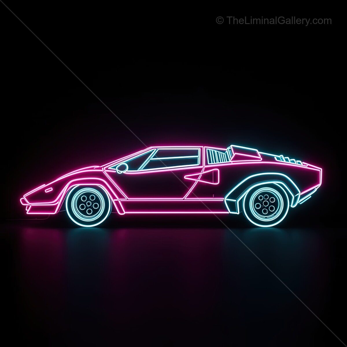 Neon sports car glow in vibrant pink and blue against a dark background showcasing retro style and modern creativity