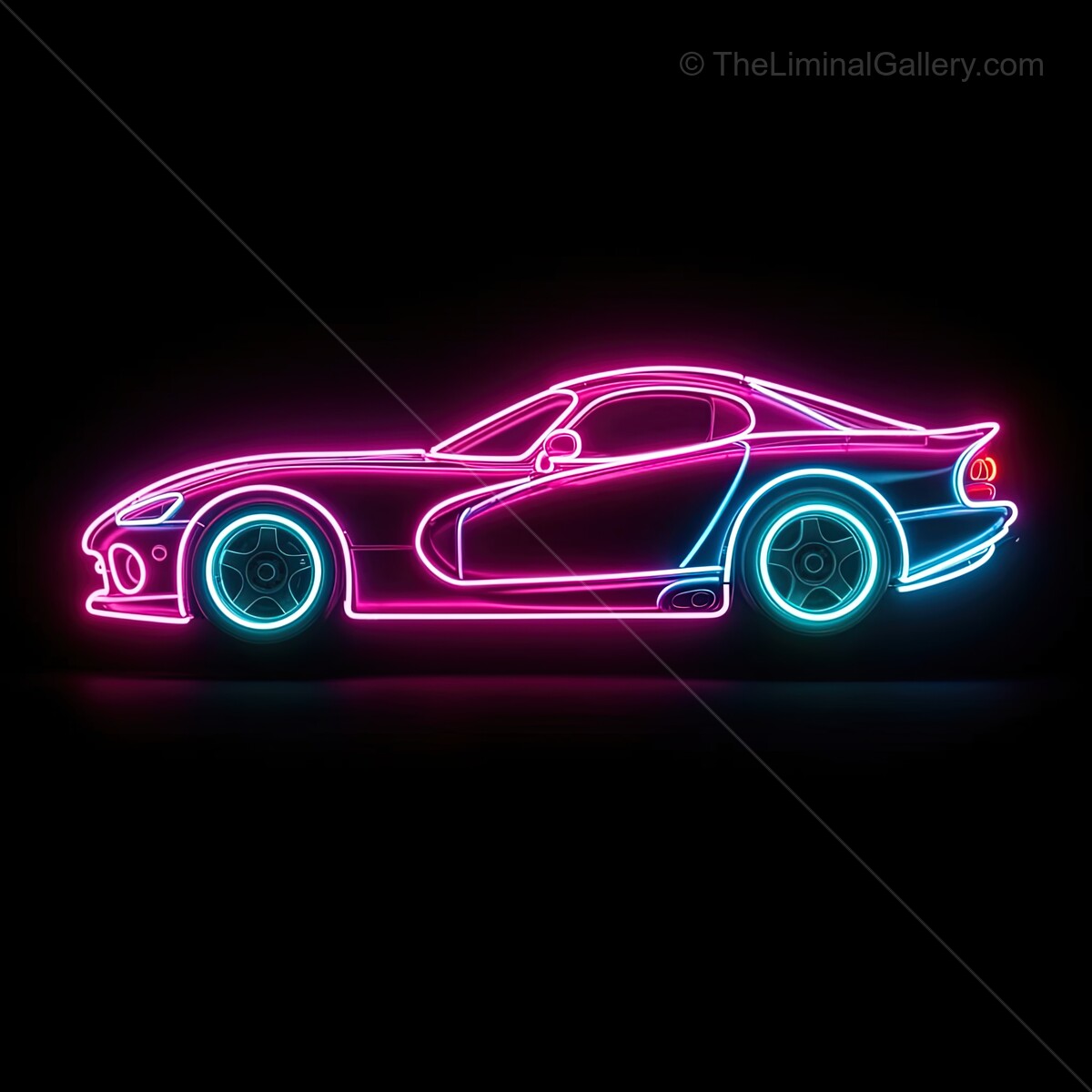 Vibrant neon sign showcasing a sleek sports car in an electrifying glow against a dark background