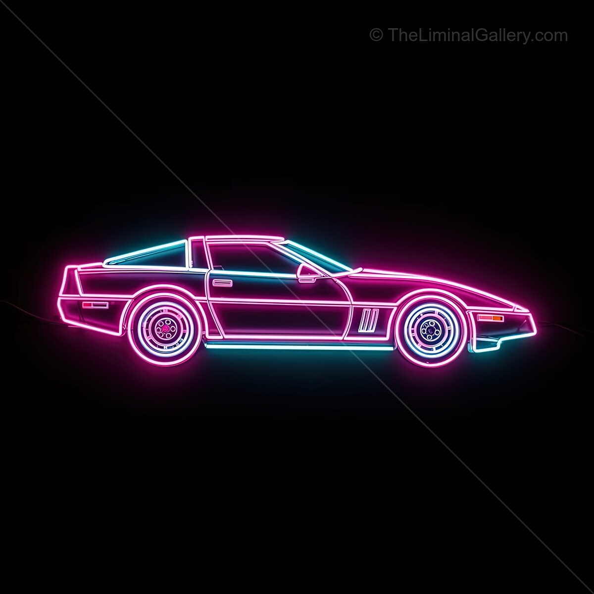 Neon-lit sports car glows vibrantly in a dark urban backdrop at night