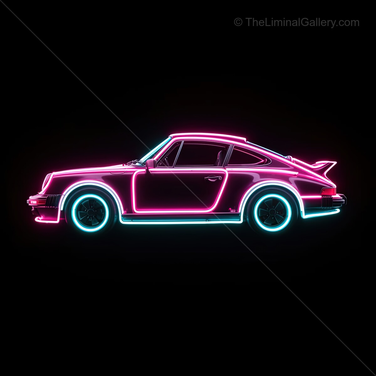 Bright neon-pink lights outline a sleek sports car, glowing against a dark backdrop in a nighttime urban scene