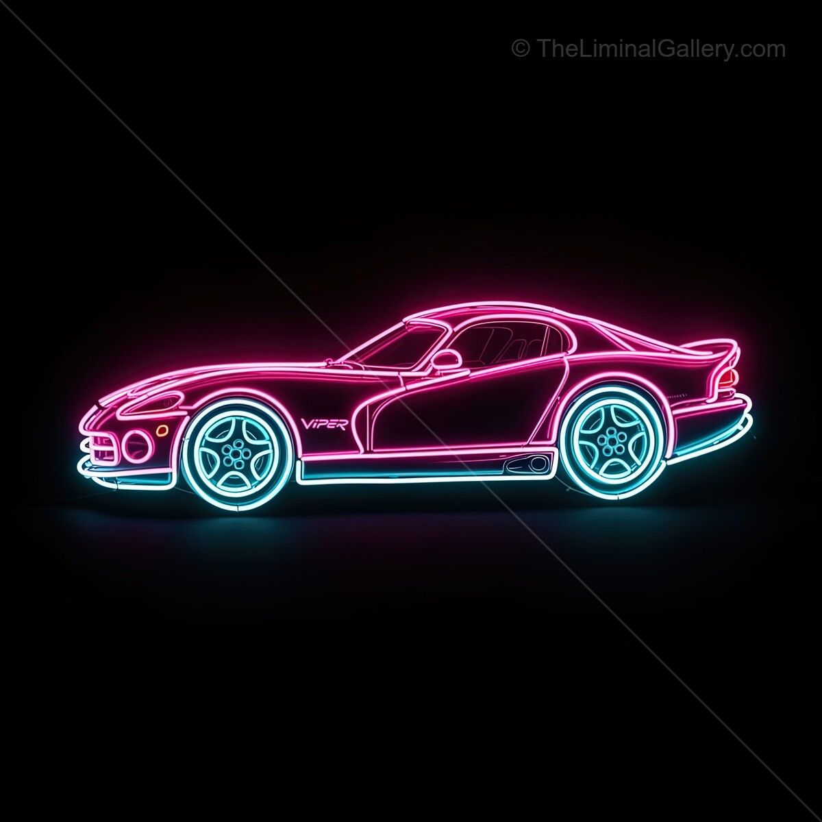 Neon silhouette of a sleek sports car showcasing vibrant colors in a dark setting