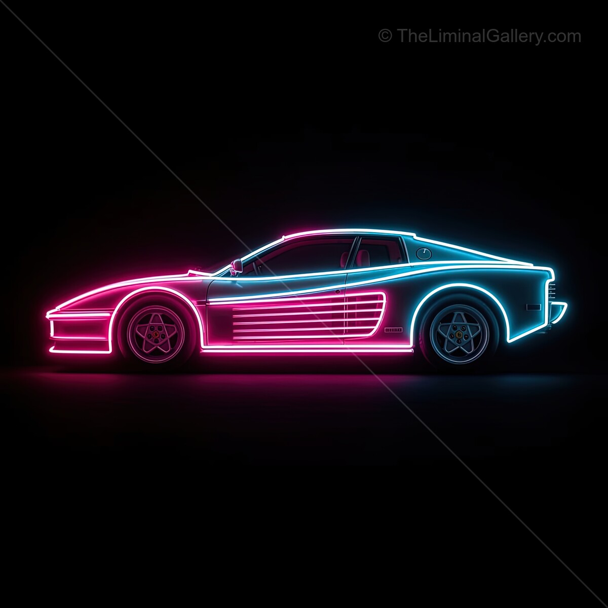 Neon lights illuminate a sleek car against a dark backdrop, showcasing vibrant colors and retro vibes