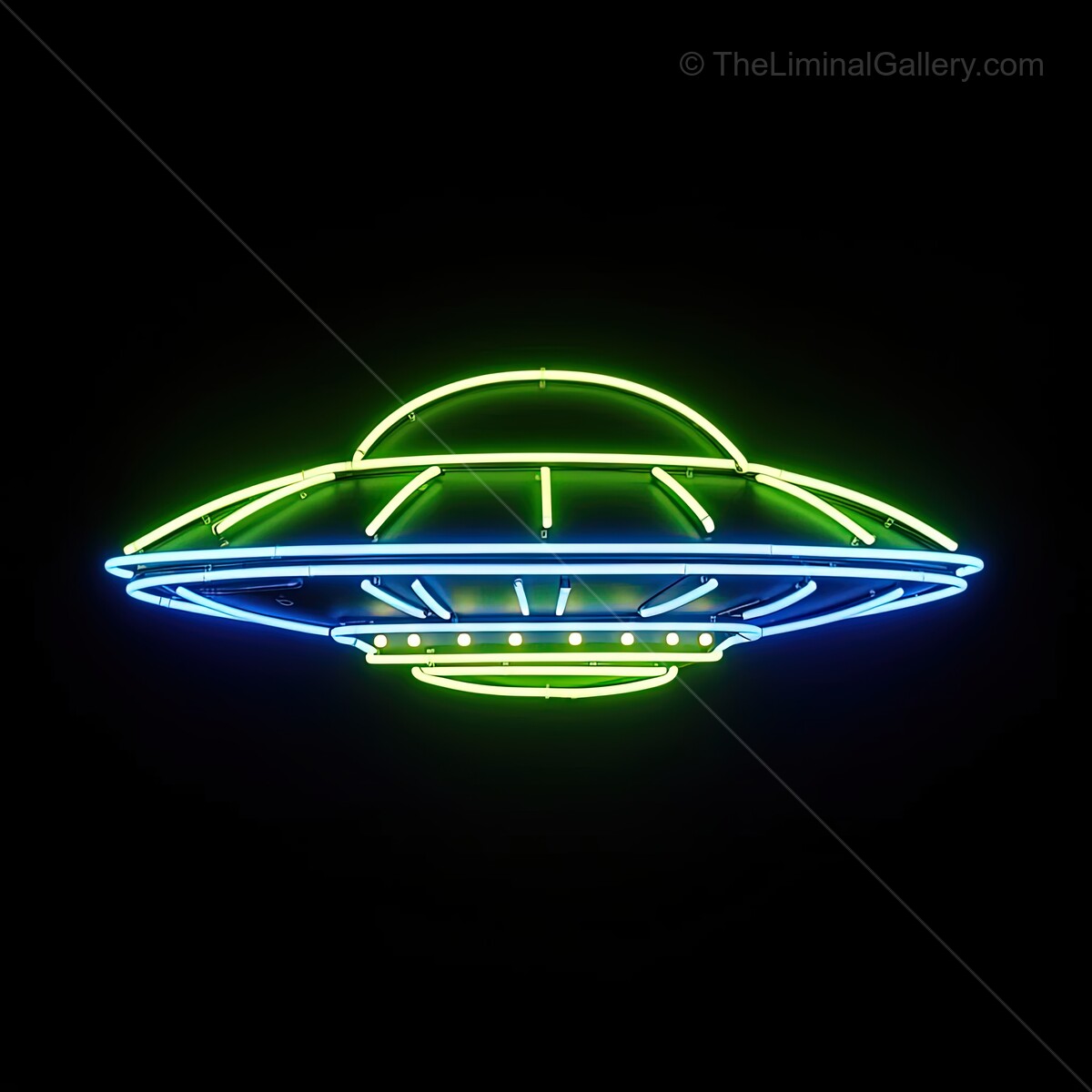 Brightly glowing neon sign of a UFO inviting curiosity in the night sky