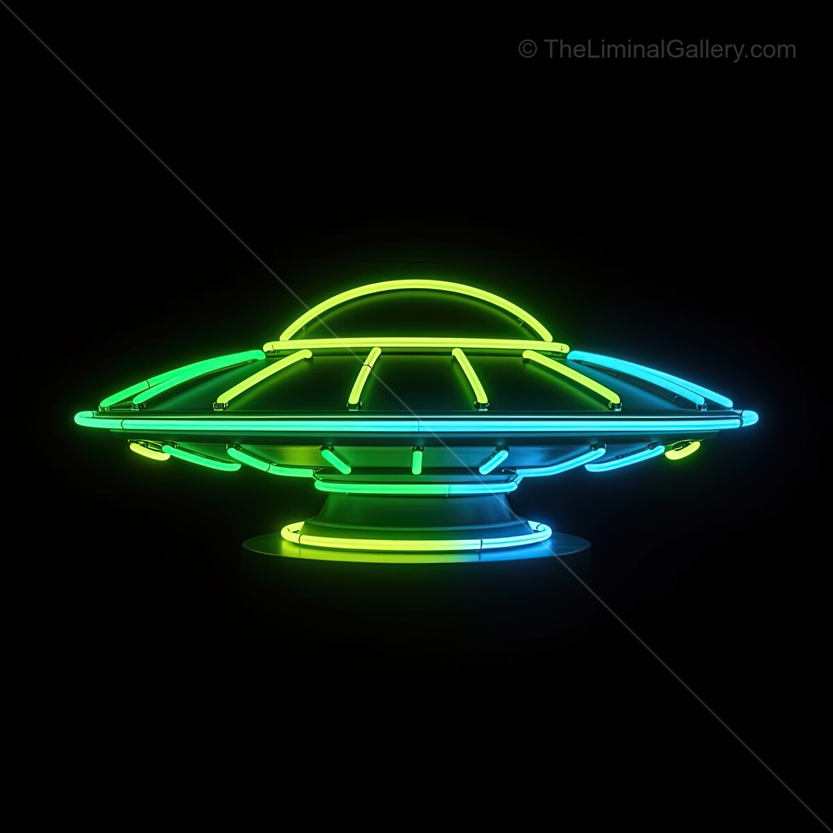 Brightly glowing neon UFO sign hovers in dark background, illuminating the night with vibrant colors and playful energy