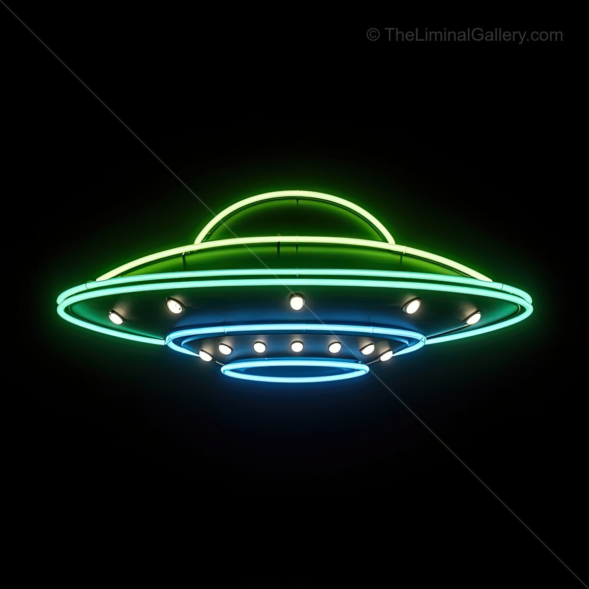 Neon UFO sign illuminating the night sky with vibrant green and blue colors in a bustling urban setting
