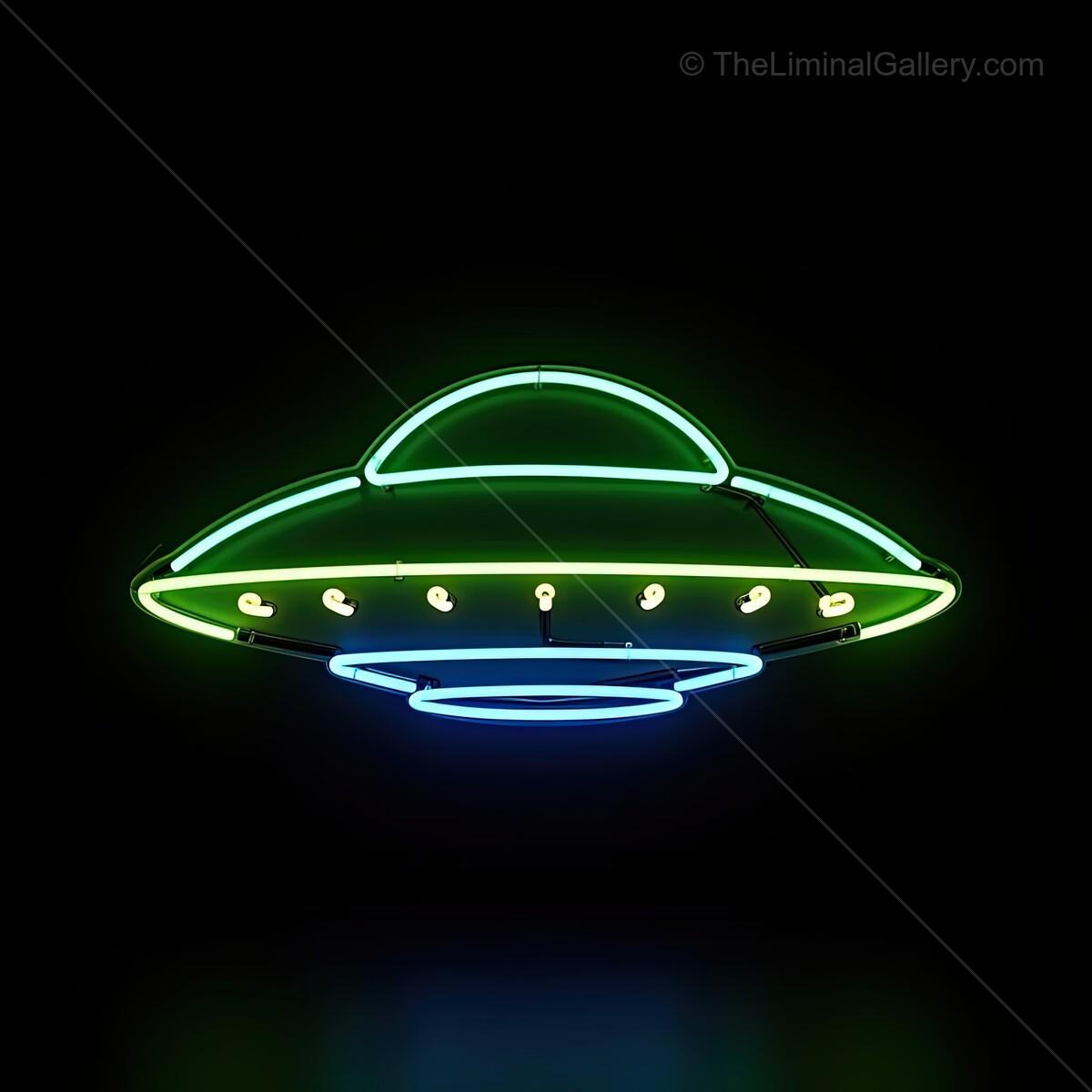 Vibrant neon UFO sign illuminating the night with a playful glow in an urban setting