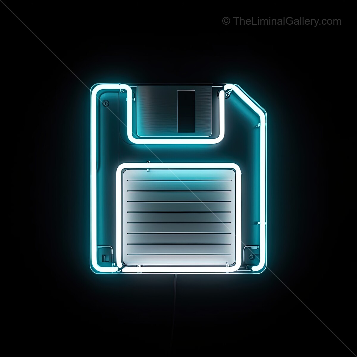 Vibrant neon sign of a floppy disk glowing in the dark, capturing nostalgia and tech culture in a modern space