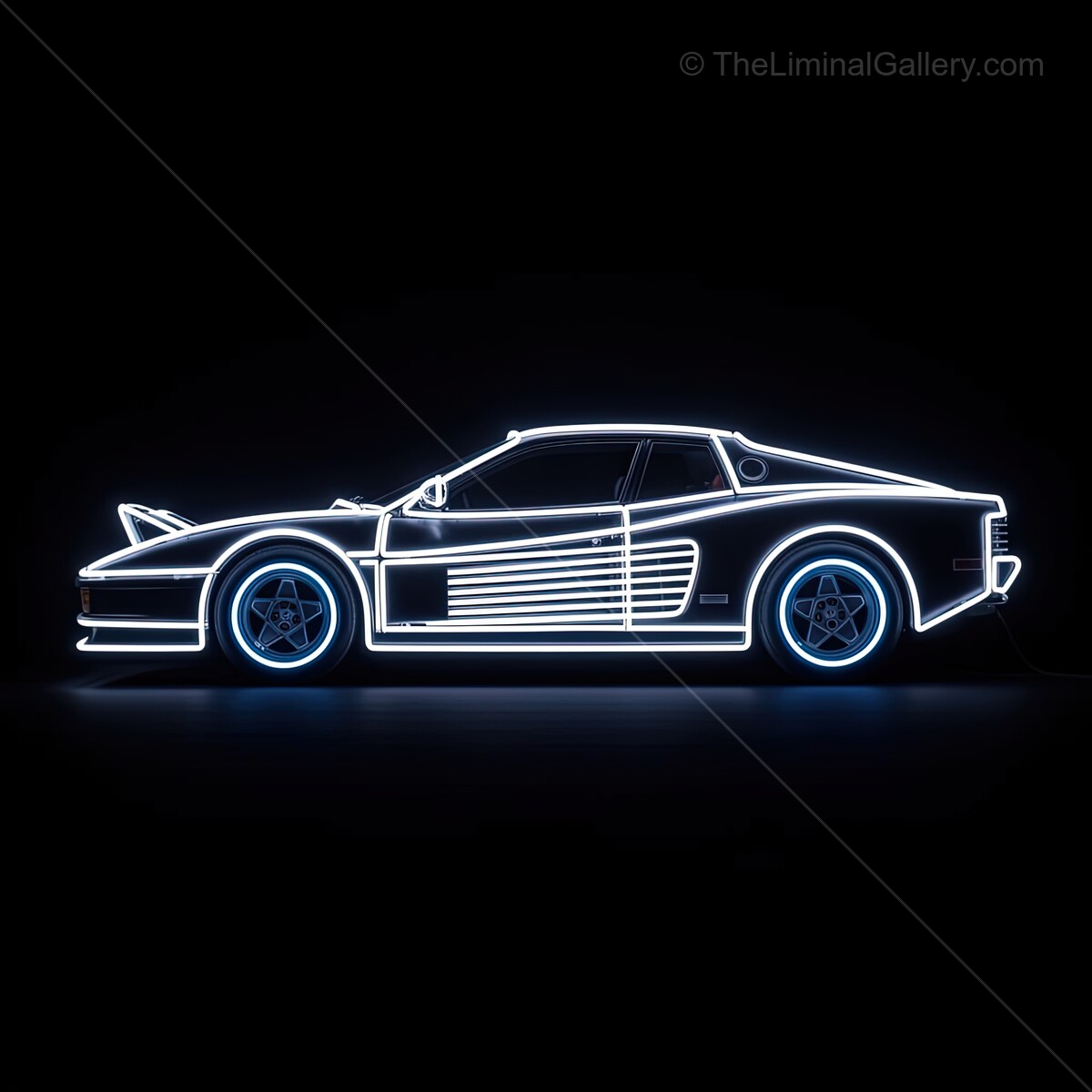 Neon glow outlines a vintage sports car in a darkened space exuding retro charm and vibrant energy