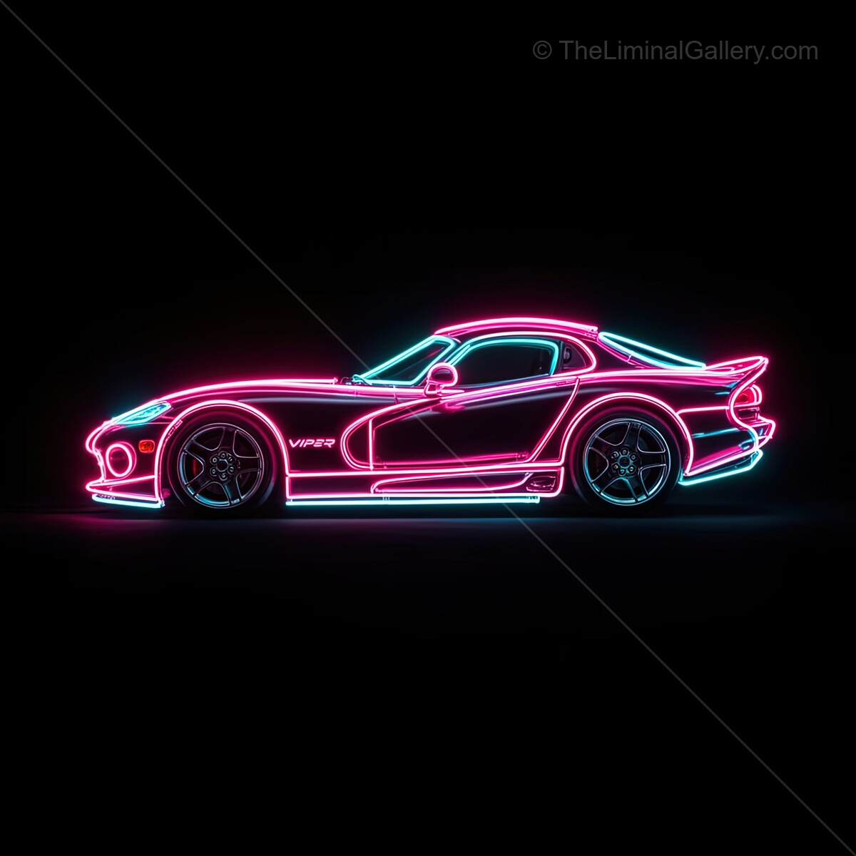 Spectacular neon viper car glowing against a black backdrop, capturing the essence of vibrant nightlife