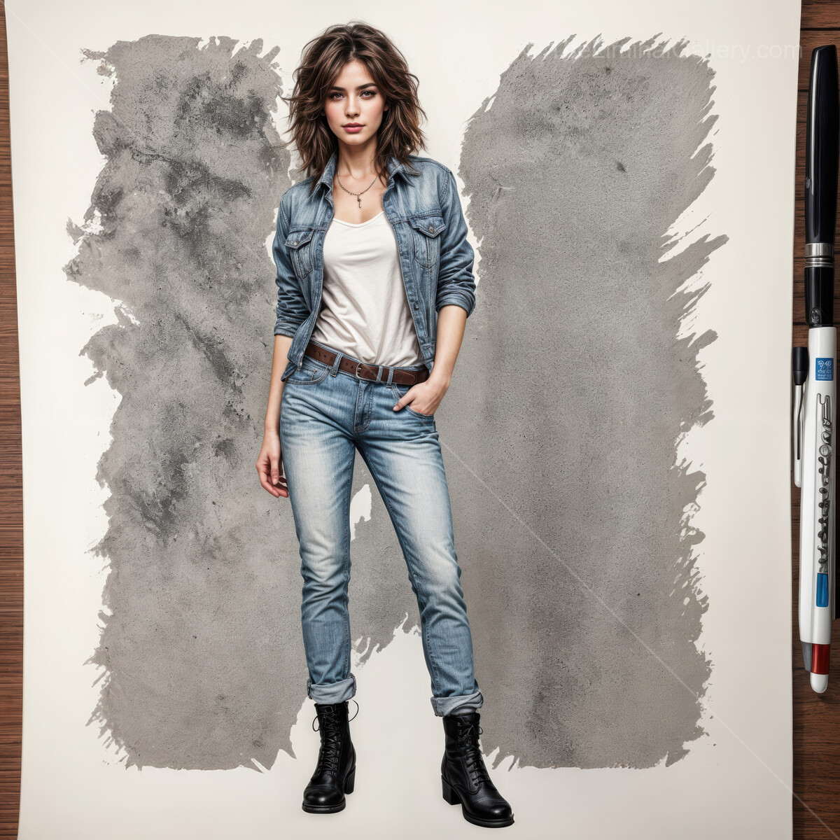 Young woman in casual 80s denim outfit striking a confident pose against a textured backdrop