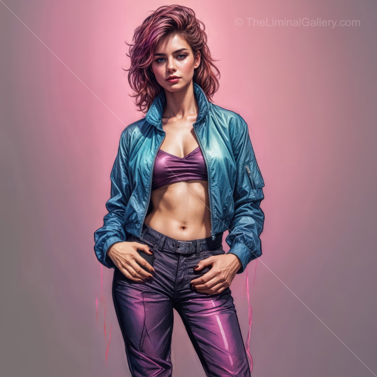 Embracing 80s fashion with a stunning model in vibrant colors and striking pose