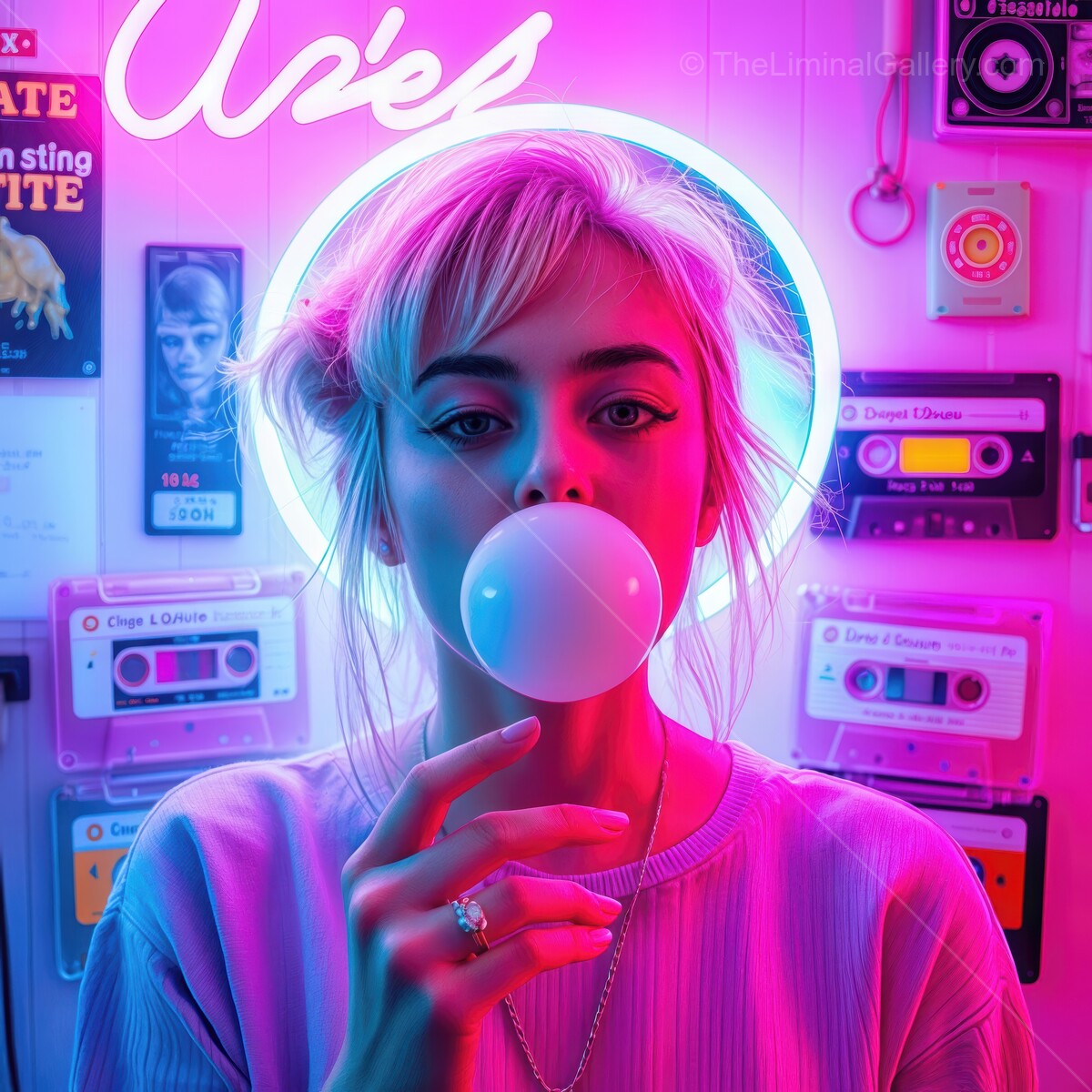 Young 80s woman blowing bubble gum in neon-lit retro cafe with nostalgic decor