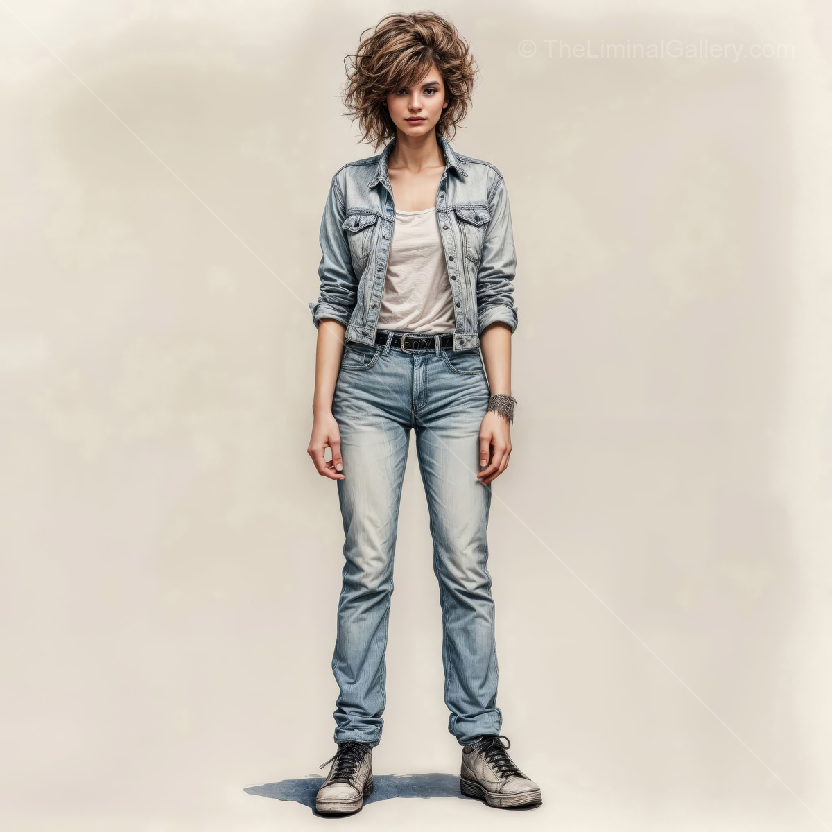 Young 80s woman in casual denim attire stands confidently against a minimalist backdrop showcasing her unique style and attitude