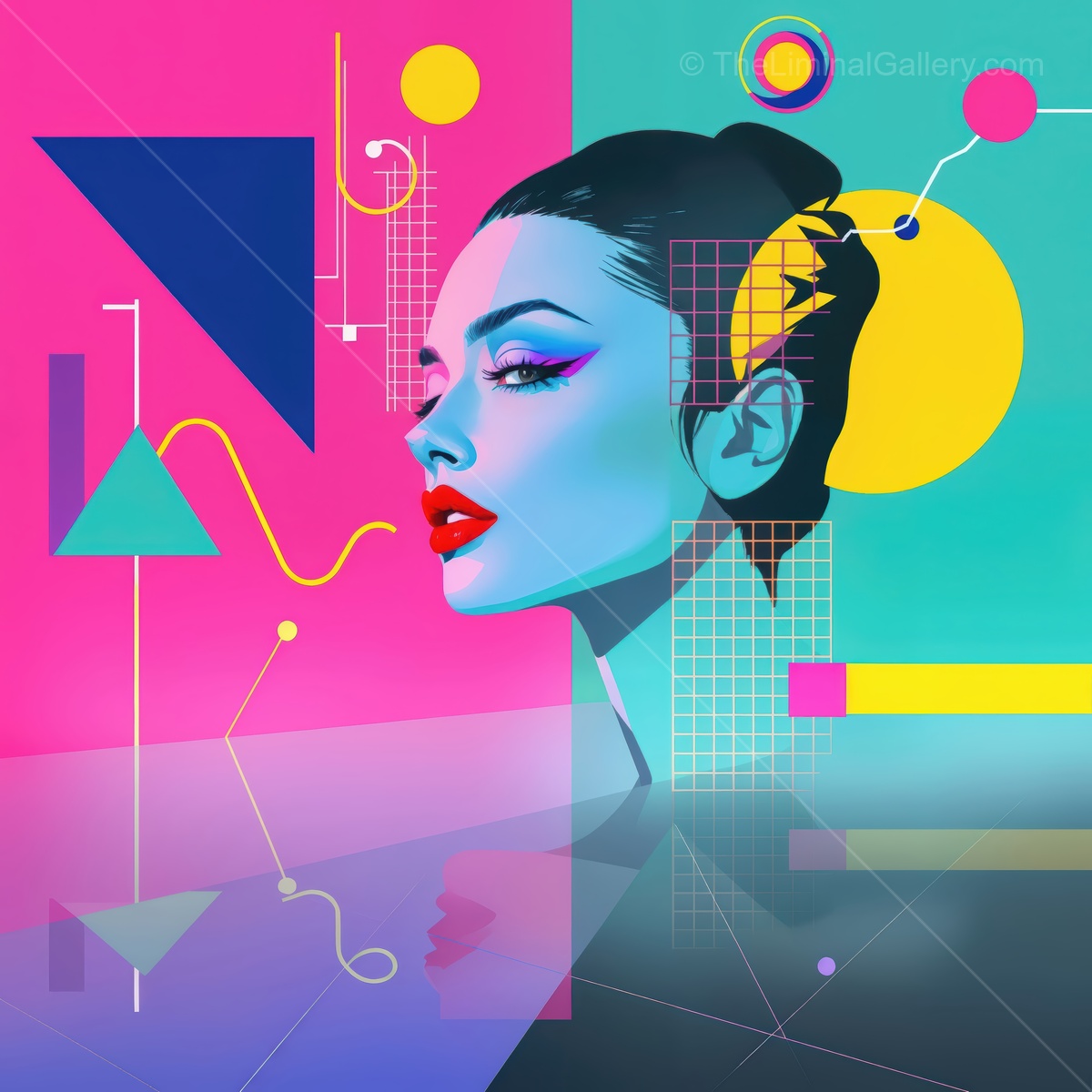 Colorful abstract portrait featuring a modern woman in a vibrant geometric background with playful shapes and lines