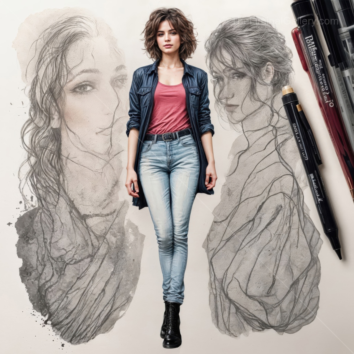 Artistic expression of a young woman surrounded by sketches embodying creativity and imagination in a dynamic art studio