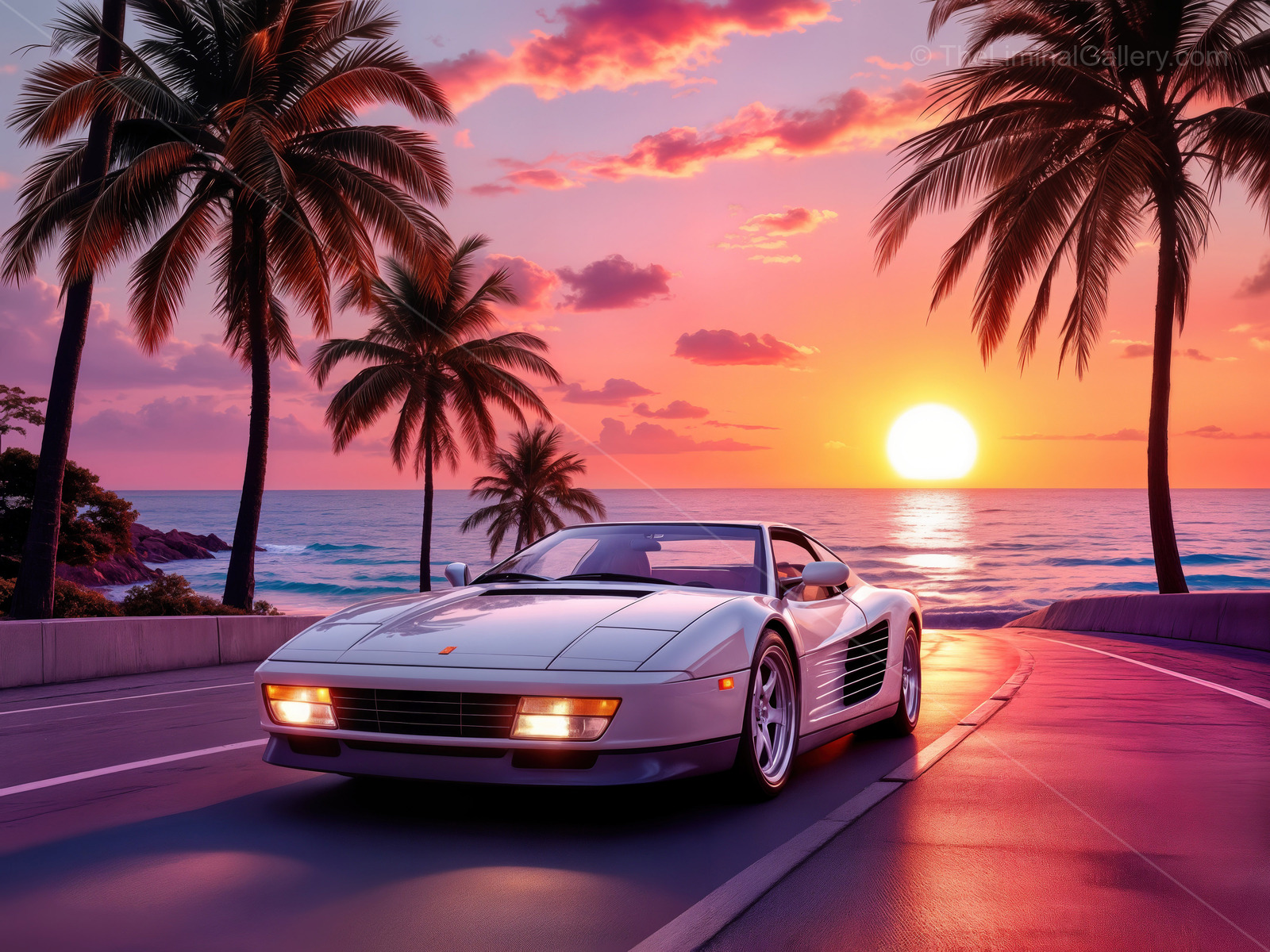 Bright sunset casts vibrant colors as a sleek car cruises along a coastal road lined with swaying palm trees