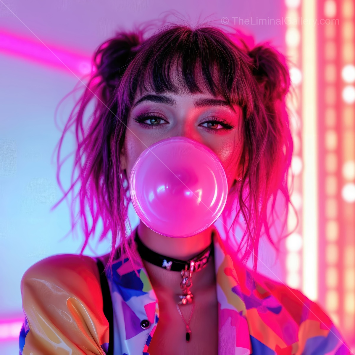 Bold fashion statement with bubble gum in vibrant neon lights
