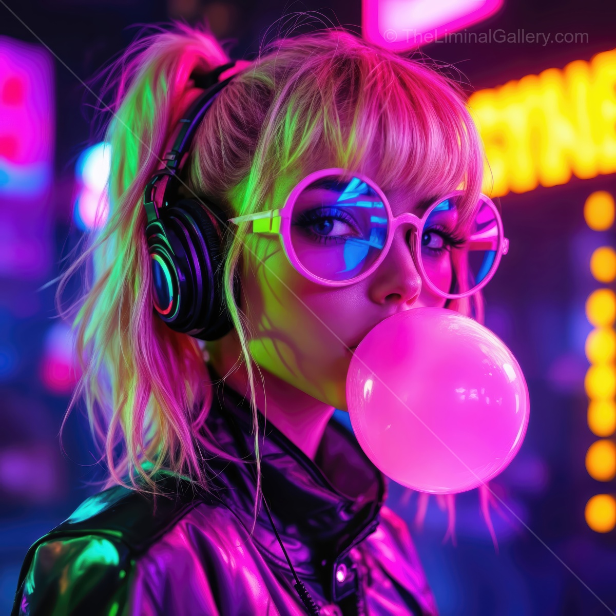 Vibrant city nightlife scene featuring a stylish girl in neon colors enjoying bubble gum