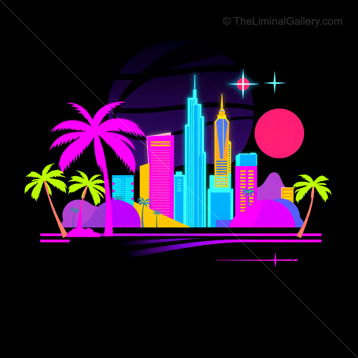 Vibrant synthwave city skyline at twilight with neon lights and palm trees in a surreal landscape