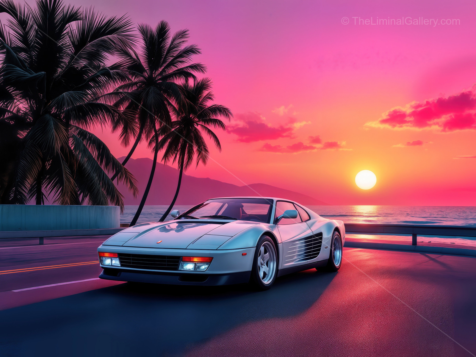 Classic sports car parked by the ocean at sunset with vibrant colors and palm trees lining the coast