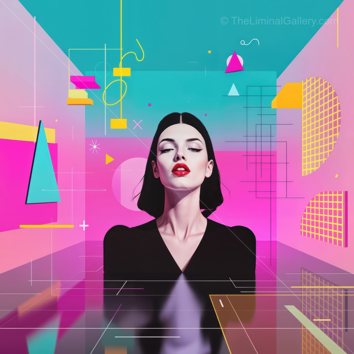 Bold woman stands confidently in a vibrant, abstract space filled with geometric shapes and bright colors, showcasing modern artistic expression