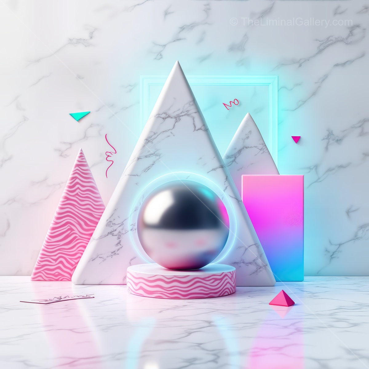 Creative geometric composition featuring vibrant shapes and reflective elements in an artistic setting