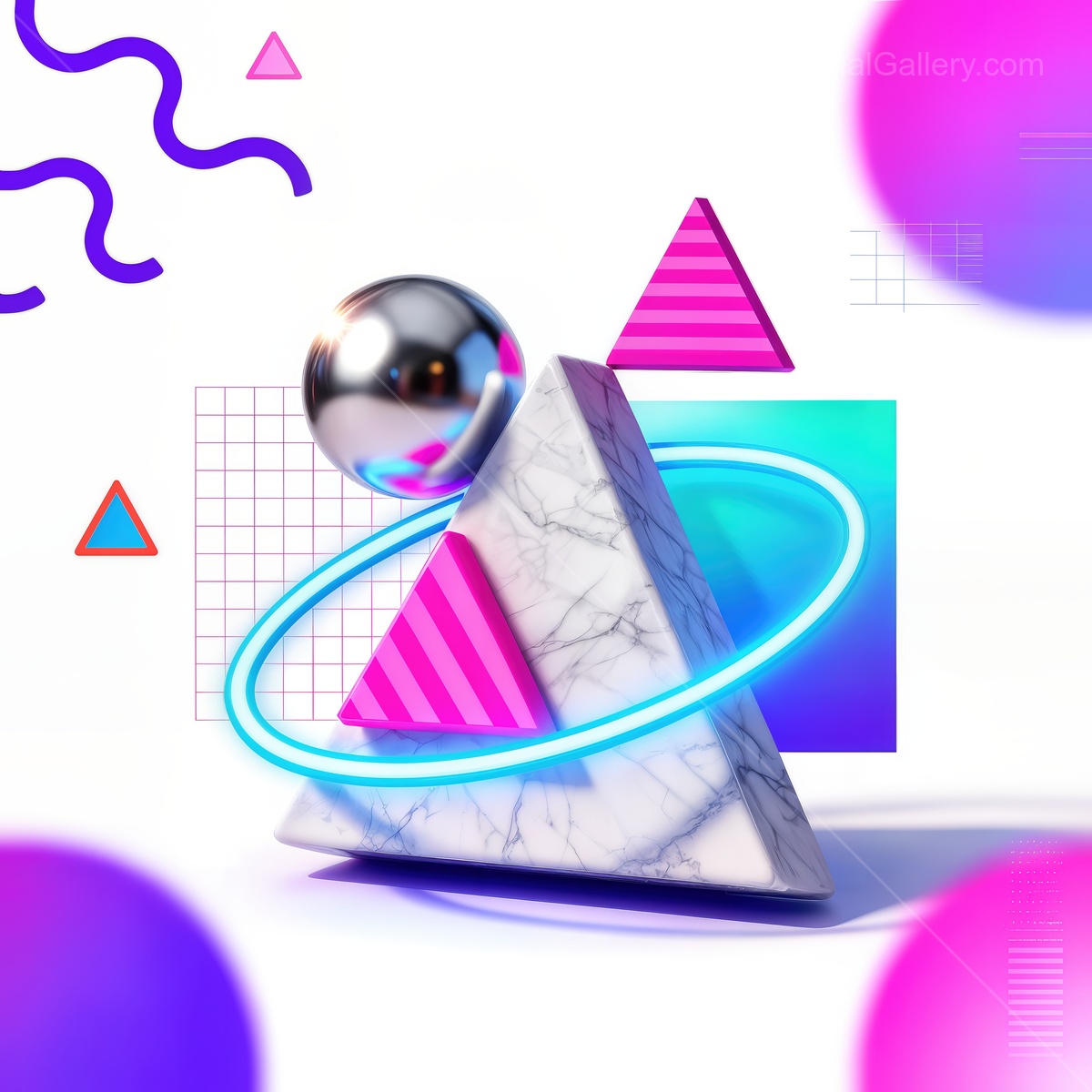 Dynamic geometric shapes create a vibrant world of color and light in a modern art piece