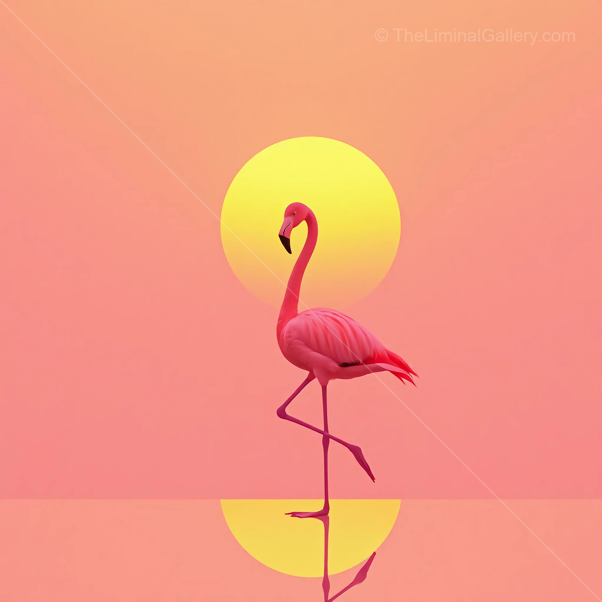 80s Flamingo gracefully strutting at sunset with vibrant colors and serene water reflections