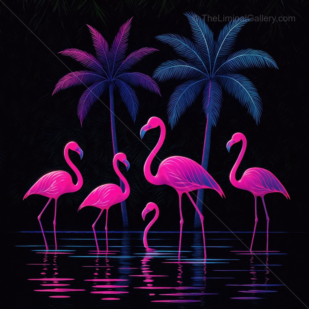 Bright pink flamingos gather by a serene waterway under illuminated palms at dusk