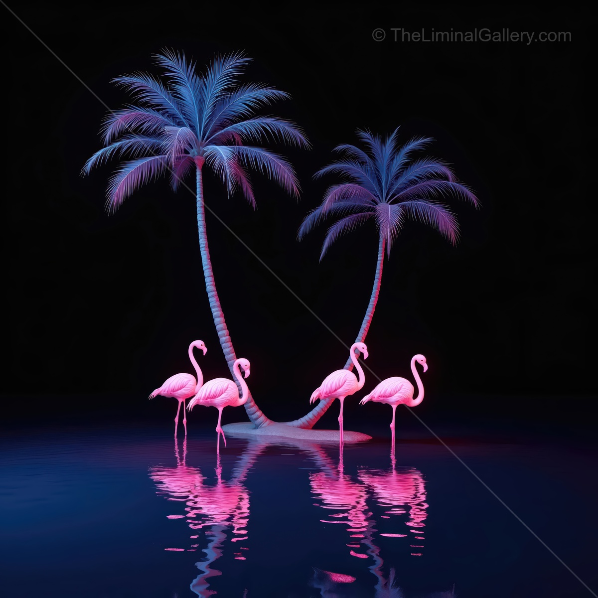 Vibrant pink flamingos stand gracefully amidst glowing palm trees in an enchanting twilight setting