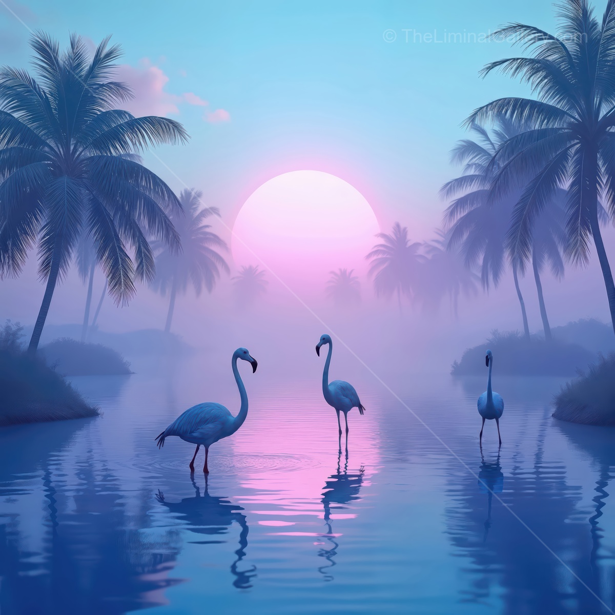 Flamingos wade through calm waters at sunset under palm trees in a dreamy tropical landscape