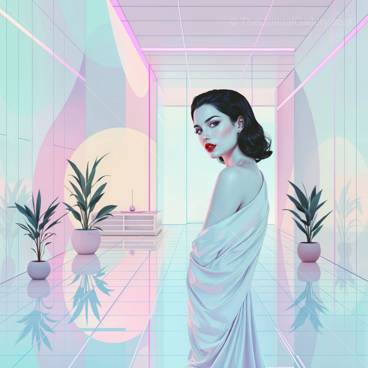 Modern elegance captured in a vibrant, futuristic hallway featuring a stylish figure with red lips against lush greenery