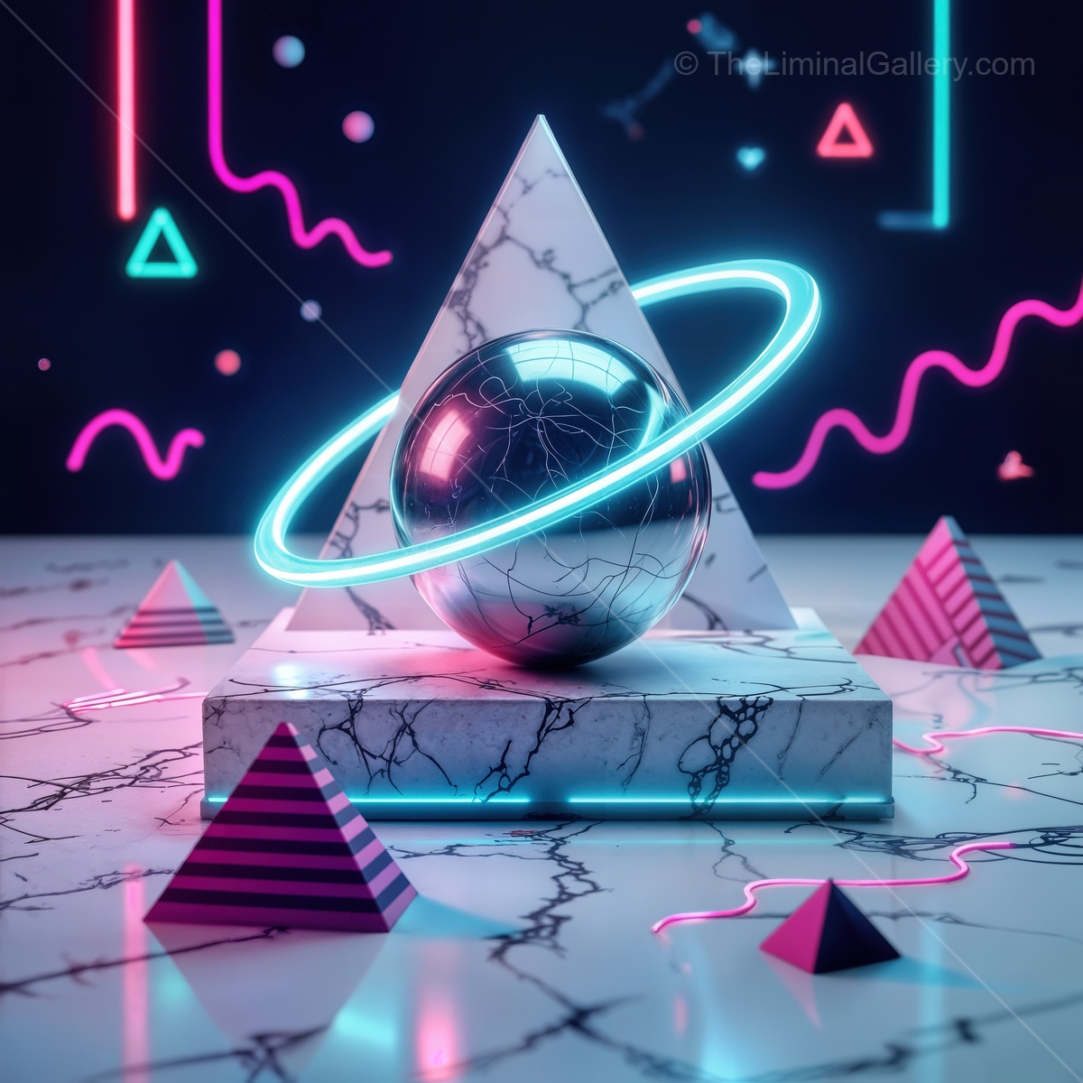 Futuristic neon composition featuring a glowing planet within a marble pyramid on a vibrant abstract background