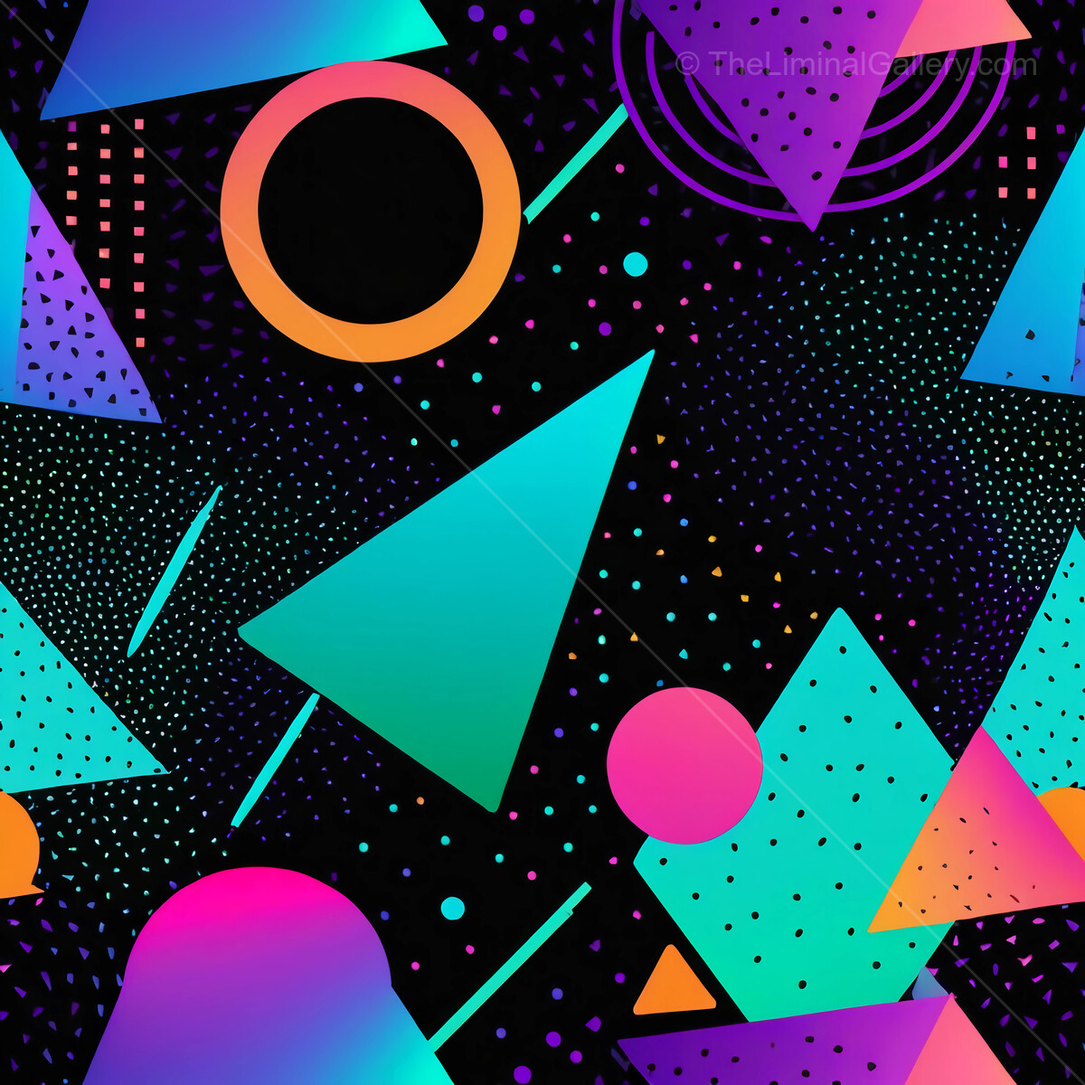 Vibrant 80s Memphis geometric patterns create an energetic backdrop in a digital art piece filled with dynamic shapes
