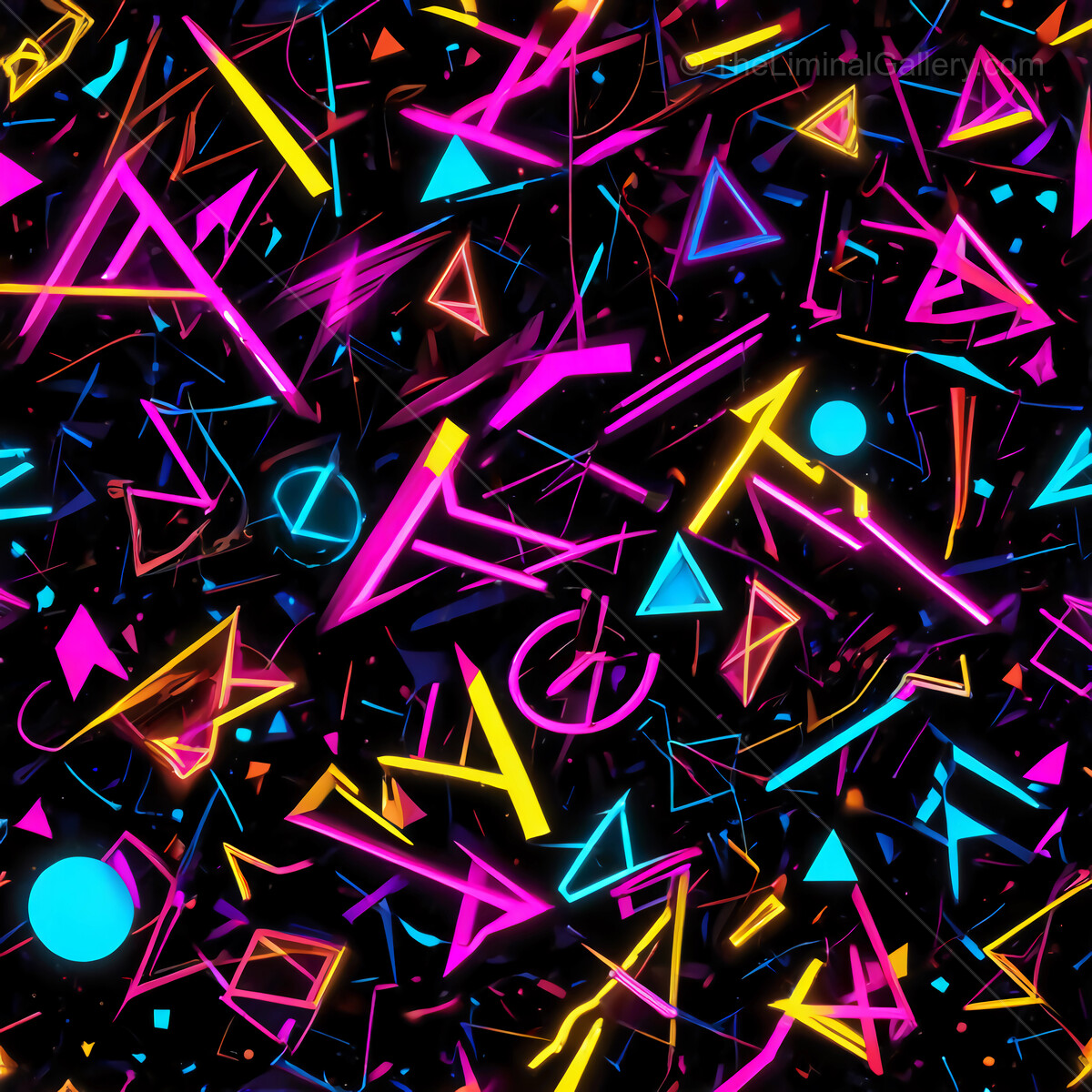 Colorful 80s geometric patterns dance across a dark canvas creating a vibrant visual symphony