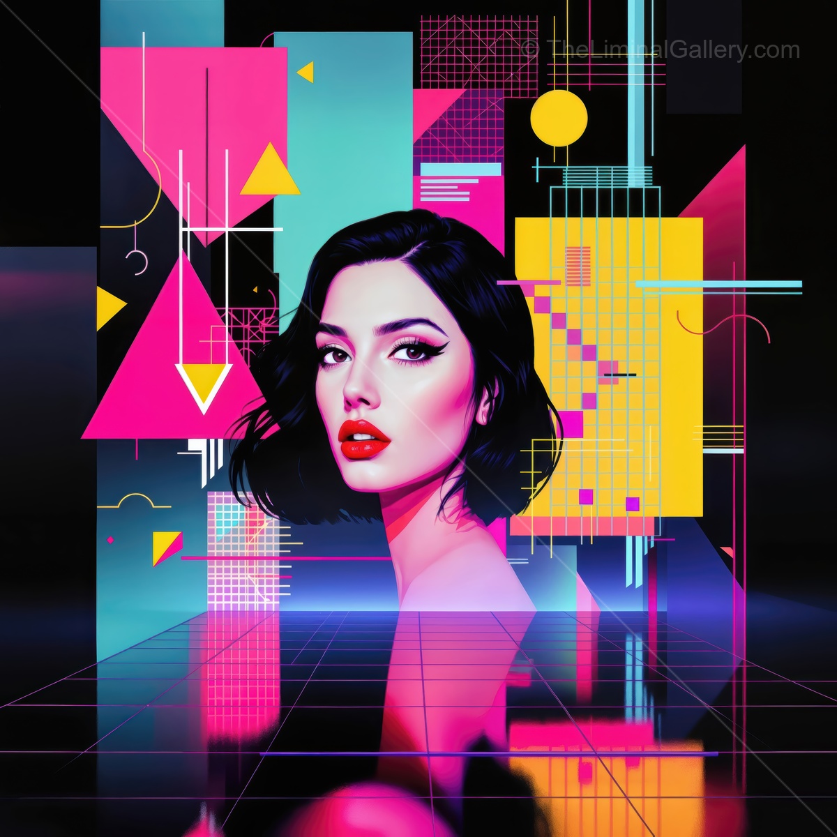 Vivid portrait of a woman in a colorful, geometric digital landscape
