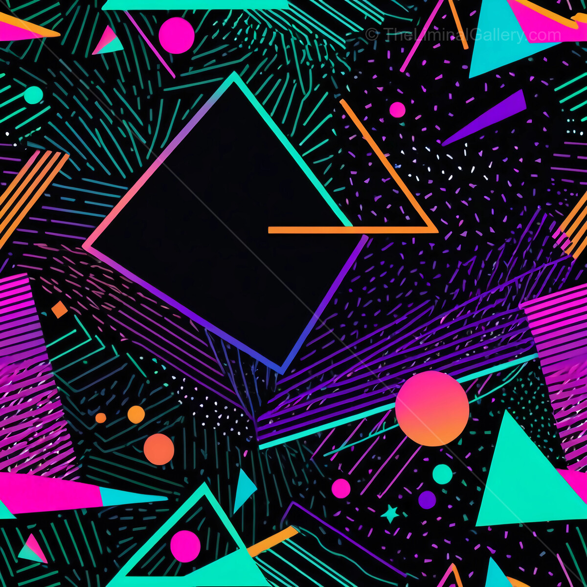 Bright and colorful Memphis 80s geometric patterns create a striking visual tapestry of shapes and lines in nighttime hues