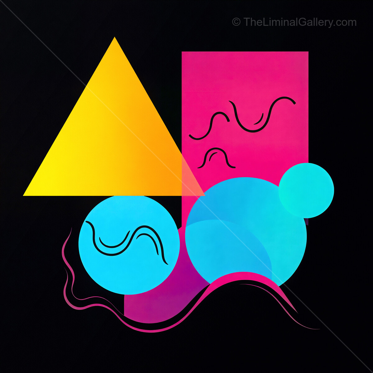 Colorful Memphis 80s geometric shapes dance in an abstract display of creativity on a dark background