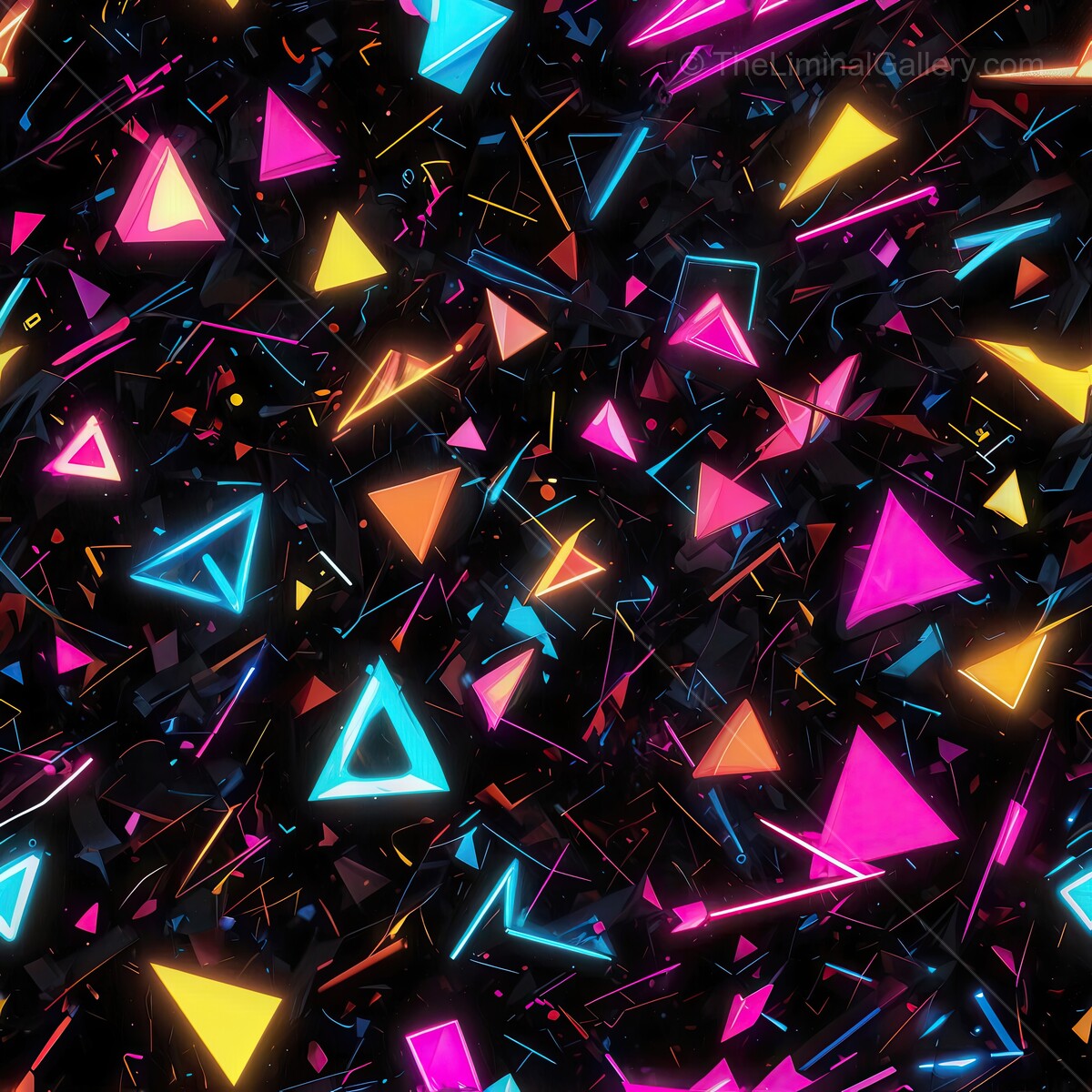 Vibrant 80s geometric shapes dance against a dark background in a burst of color and light