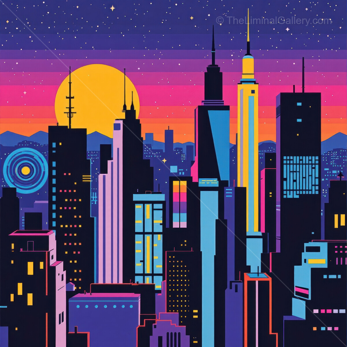 Vibrant 80s Memphis-style skyline at sunset showcasing colorful buildings illuminated under a starry night