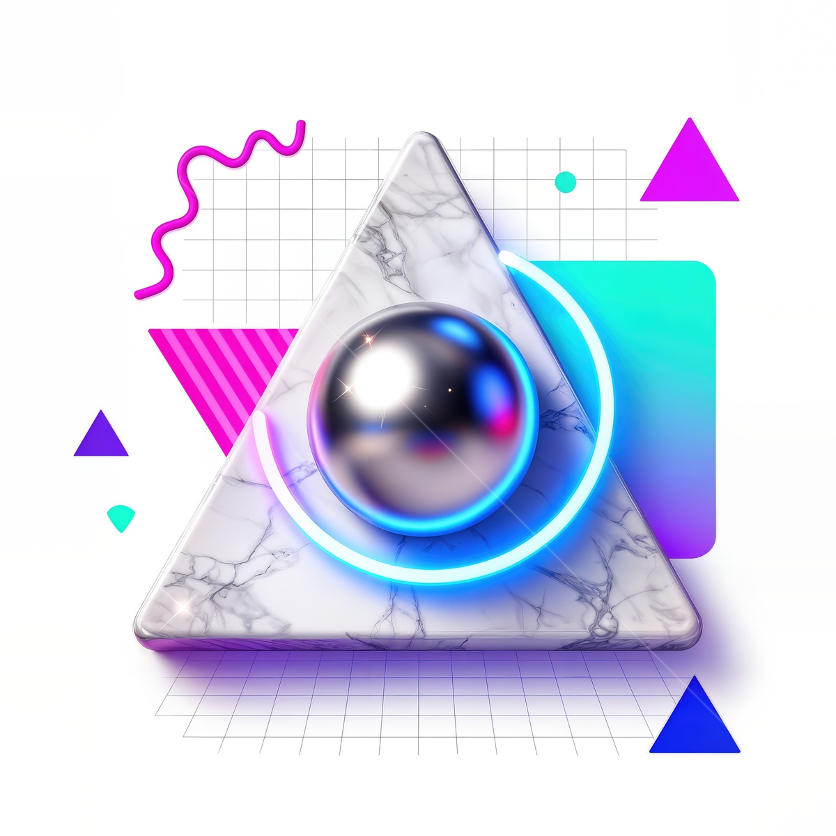 Modern geometric art piece featuring a shiny sphere on a textured triangular base with vibrant colors and dynamic shapes