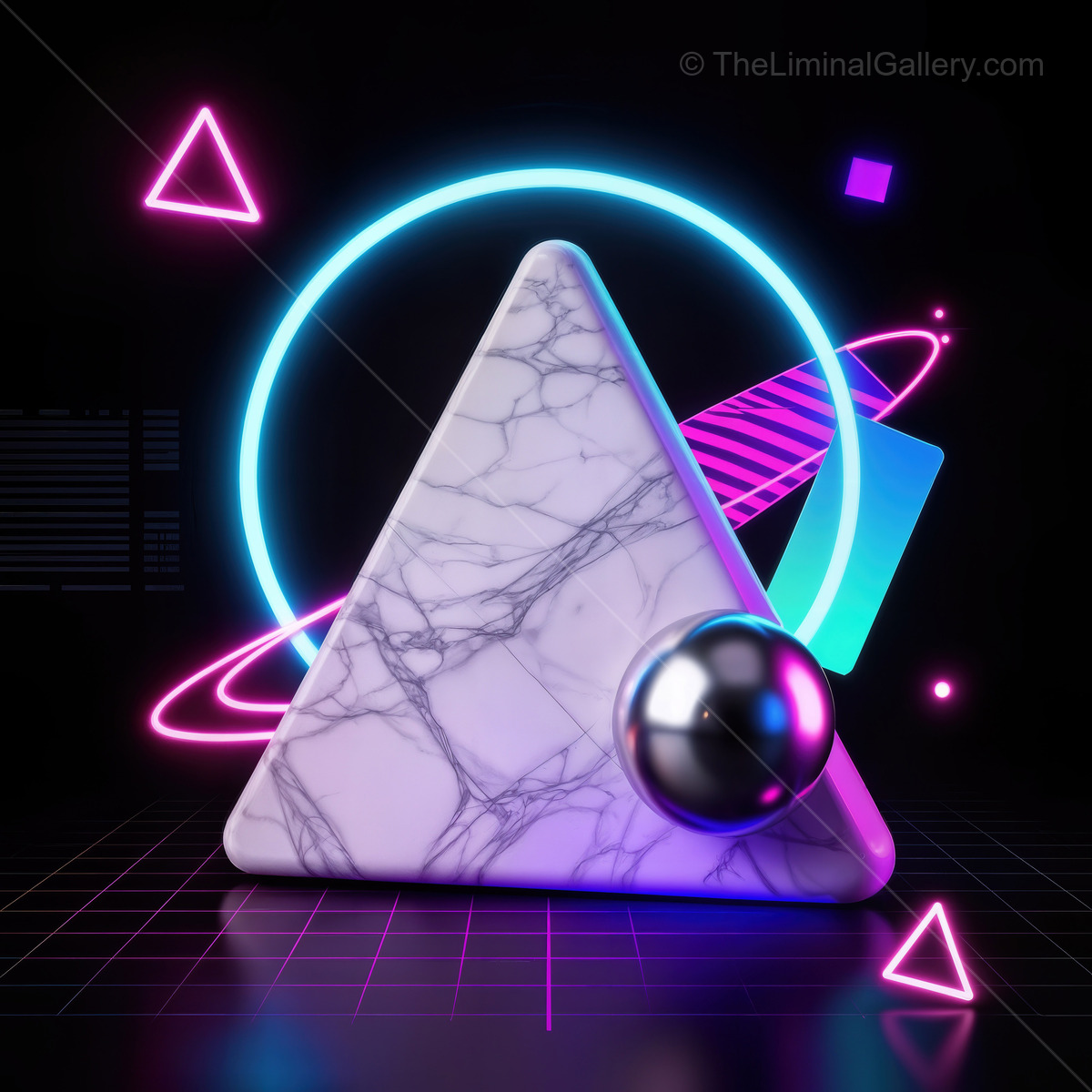 Modern geometric art featuring a triangle, marble texture, neon accents, and dynamic shapes in a vibrant digital landscape