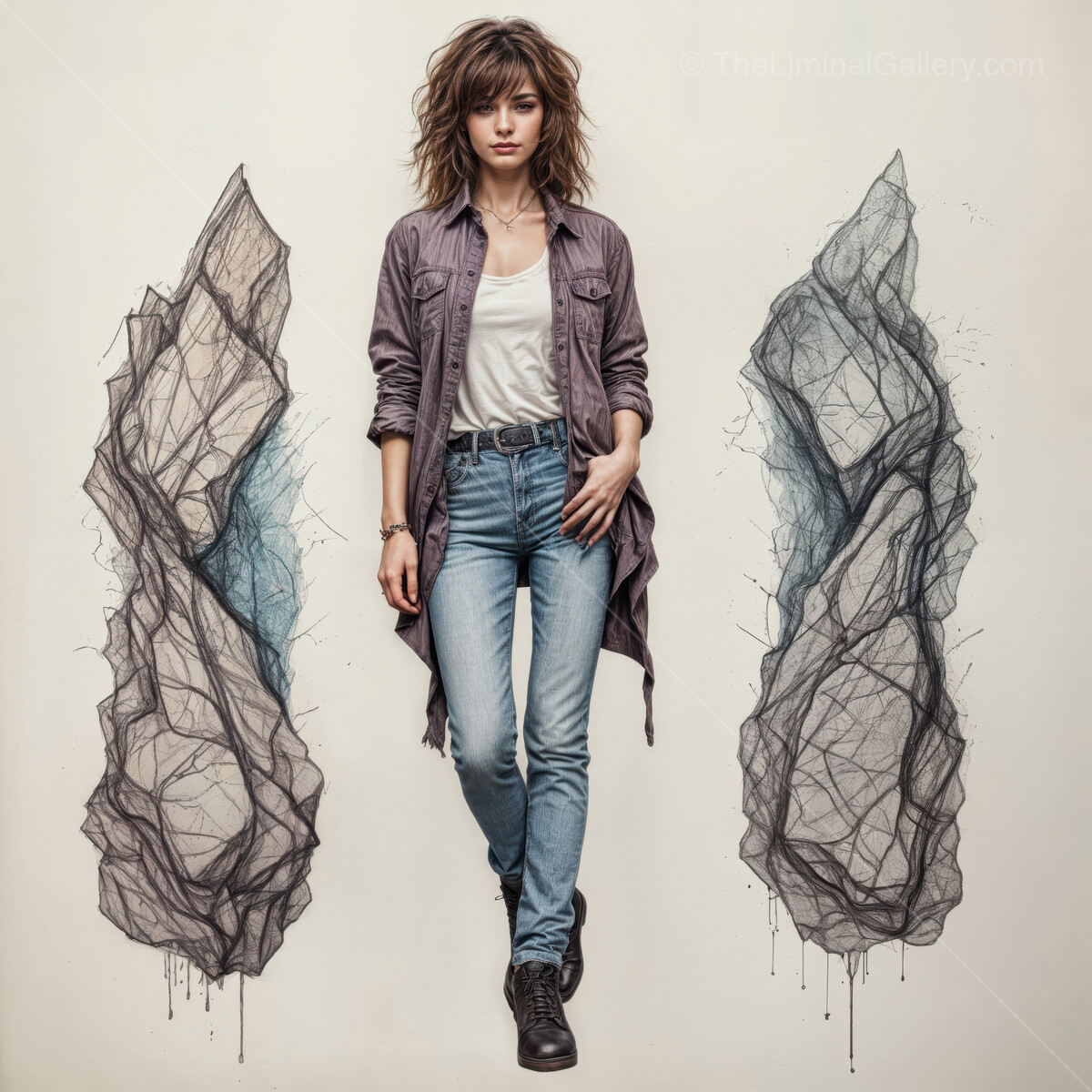 Unique art installation features a woman between two abstract rock sculptures in an artistic expression of nature