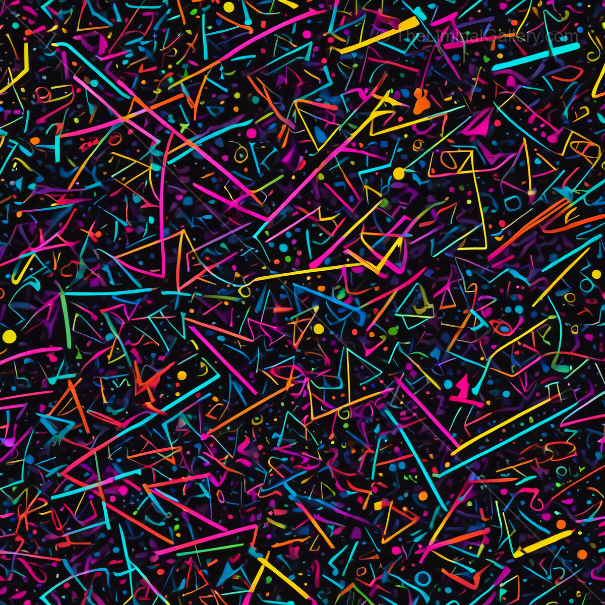 Vibrant 80s abstract lines and shapes dance across a dark canvas, creating a lively visual symphony of color