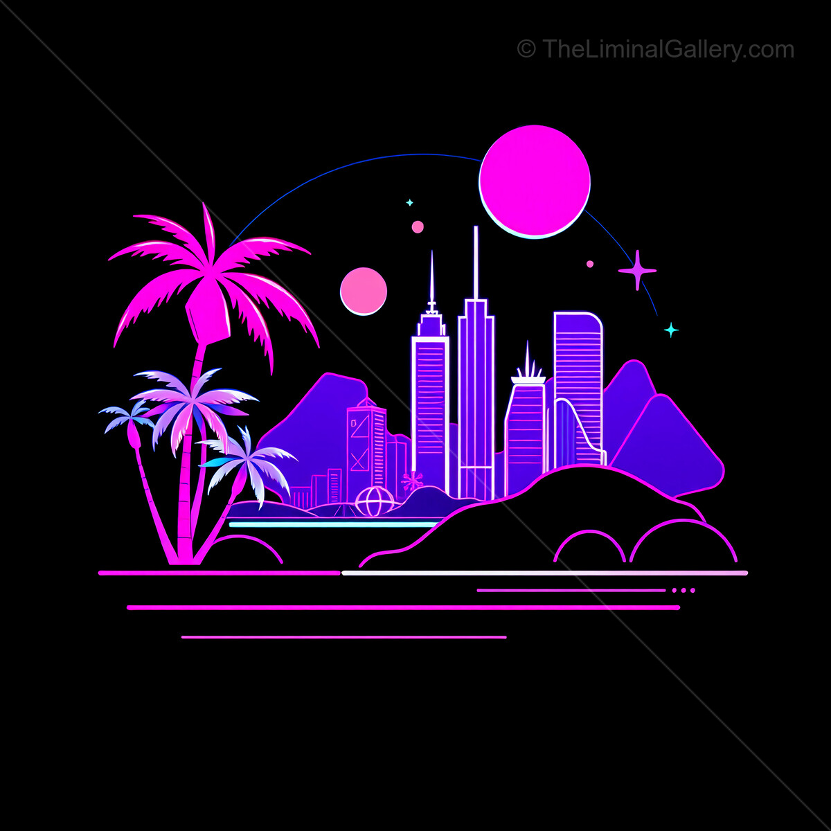 Vibrant 80s city skyline in neon colors set against a cosmic landscape at night