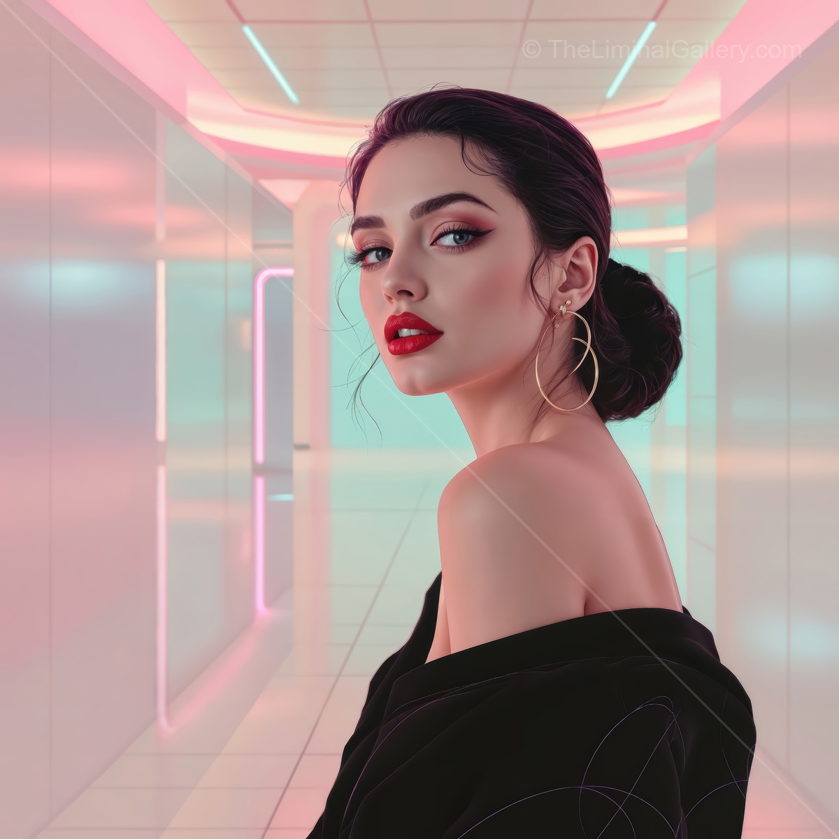 Striking beauty in a neon-lit corridor, showcasing elegance and modern aesthetics with captivating makeup and fashion