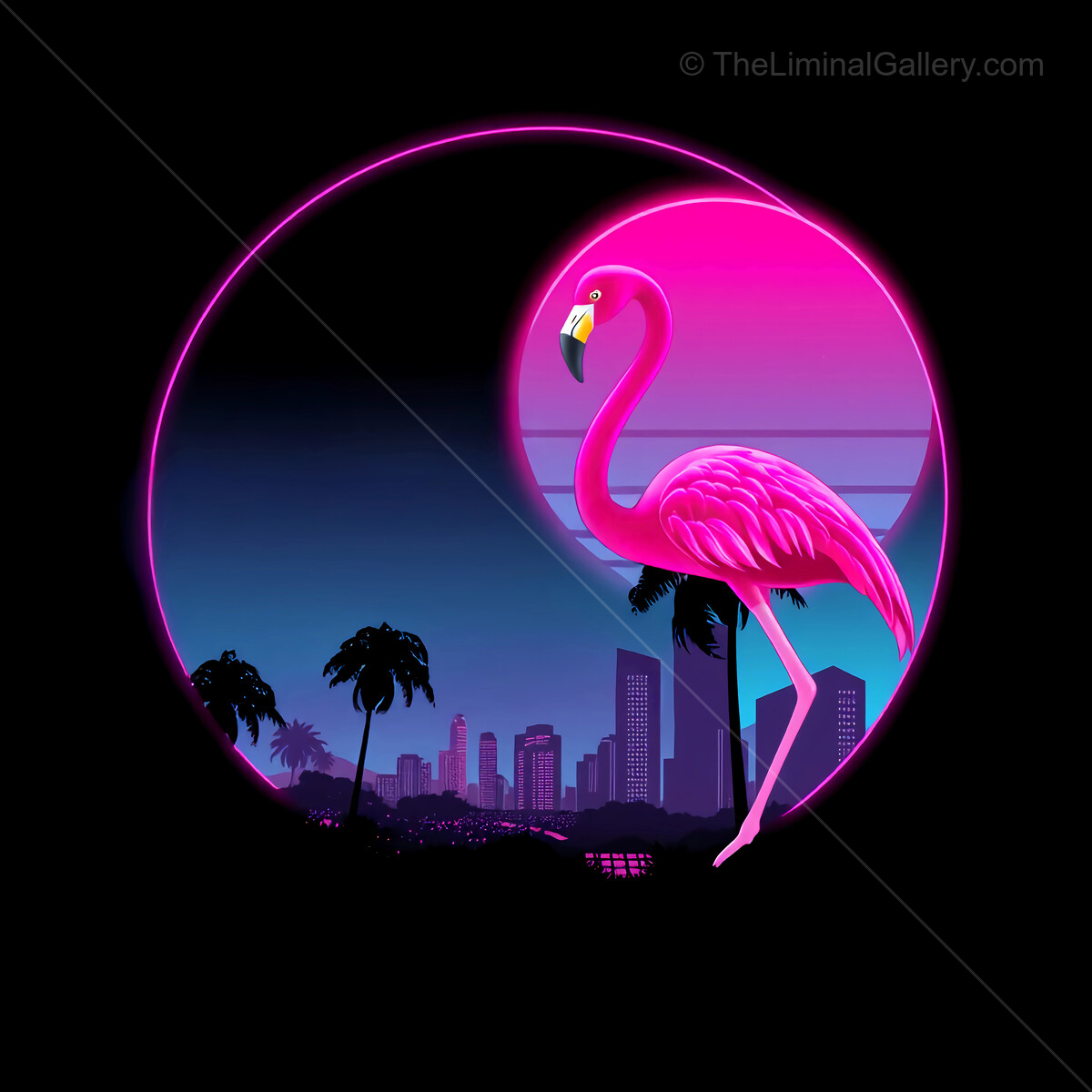 Vibrant 80s synthwave flamingo stands tall against a neon skyline under a starlit sky