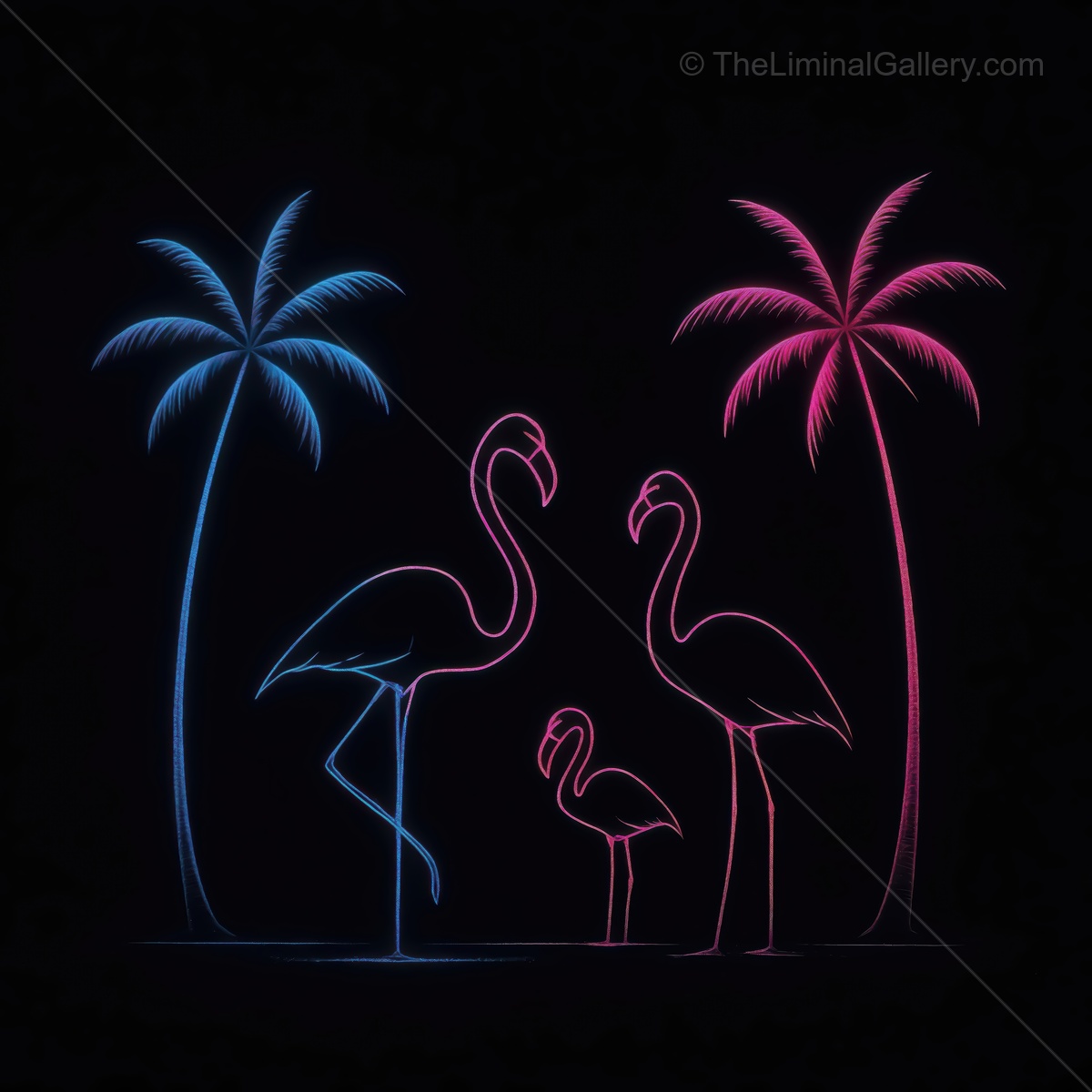 Neon flamingos gathered under palm trees in a vibrant night setting evoking summer vibes